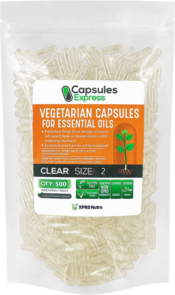 XPRS Nutra Boyutu 2 Boş Vegan Capsules - 500 Kont Clear Veggie Caps for Essential Oils - Essential Oils için Boş Sebze Kapsülleri - DIY Pill Filling