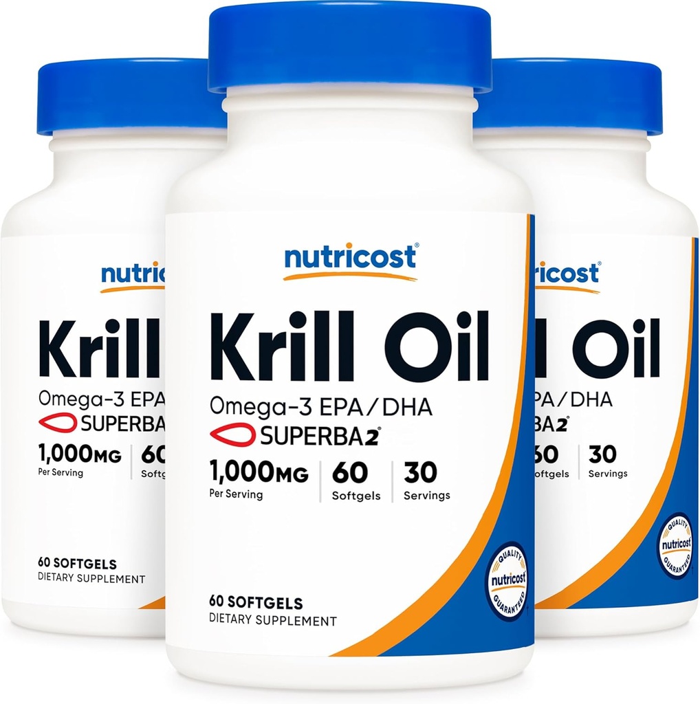 Nutricost Krill Oil 1000 mg; 60 Sıvı Softgels (3 Şişe) - Omega-3 EPA-DHA