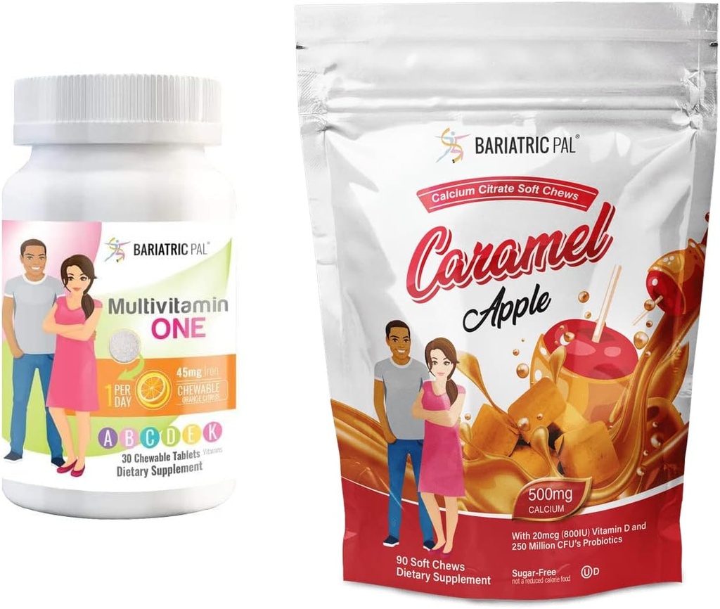 BariatricPal 30-Day Bariatric Vitamin Bundle (Multivitamin ONE 1 per Day! with 45mg Iron Chewable - Orange Citrus and Calcium Citrate Soft Chews 500mg with Probiotics - Caramel Apple)