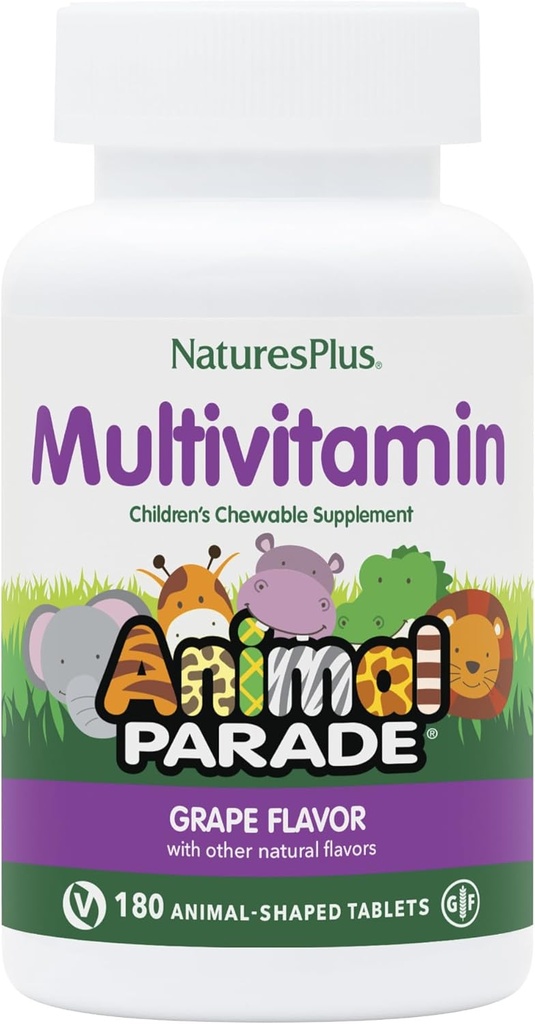 NaturesPlus Animal Parade Children's Chewable Multivitamin - Grape Flavor - 180 Animal-Shaped Tabletler, 2 Paket - Sağlık & Well-Being - Vegetarian, Gluten Free - 180 Toplam Hizmetler