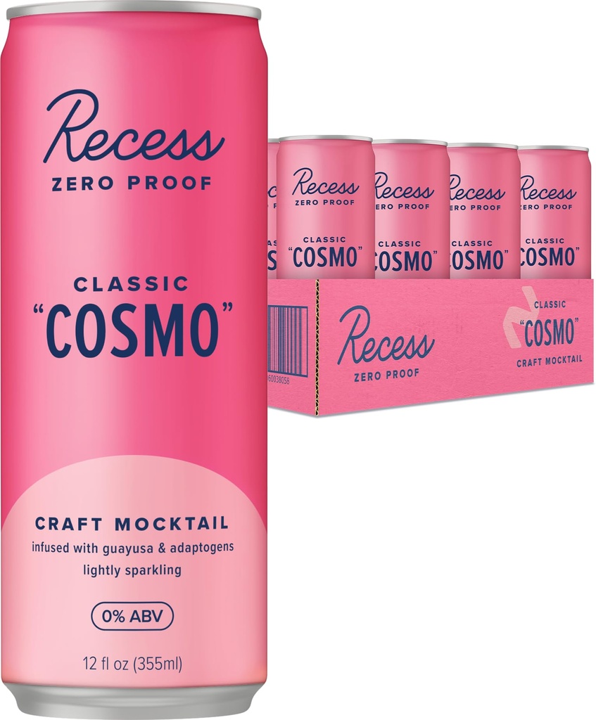 Recess Zero Proof Craft Mocktails, Alcohol Free Drinks, With Adaptogens, Non-Alcoholic Beverage Replacement, Mixer, Celebration, Party, (Classic Cosmo, 12oz, Pack of 12)