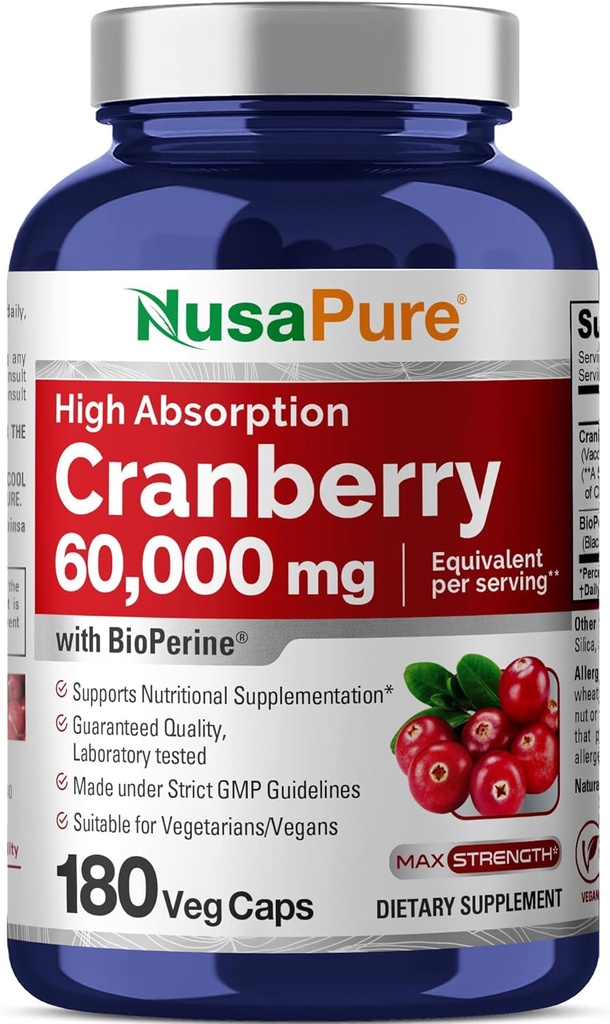 NusaPure Cranberry 60 mg 180 Veg Caps (Bioperin, Non-GMO, Vegan)