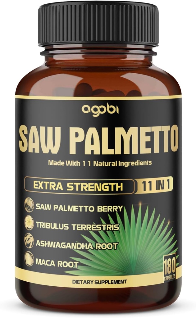 11in1 Saw Palmetto Capsules with Ashwagandha, Turmeric, Tribulus, Maca, Green Tea, Ginger, Holy Basil & More - Health Prostate & Hair Support - 180 Count 6Month Supply