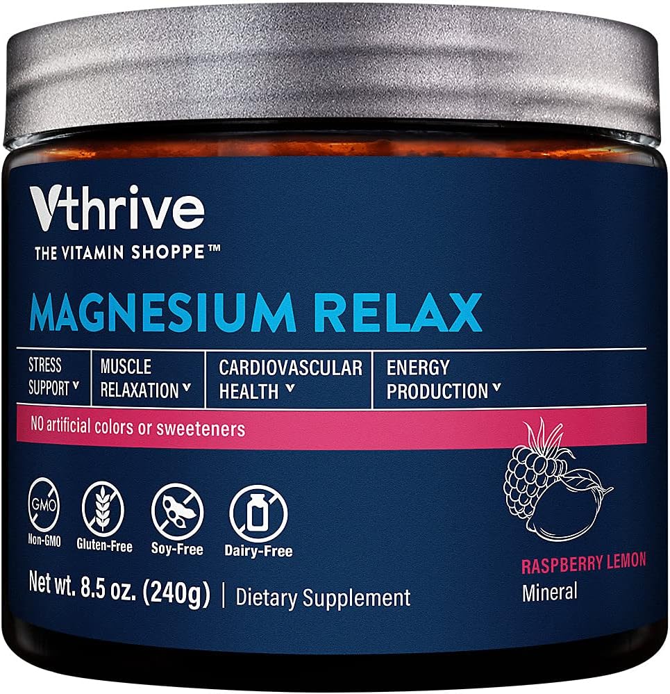 Vthrive Magnesium Relax Powder Supports Stress Relief, Muscle Relaxation & Enhanced Sleep Quality for Daily Calmness & Wellness - Raspberry Lemon Flavor (8.5 Oz. / 50 Servings)