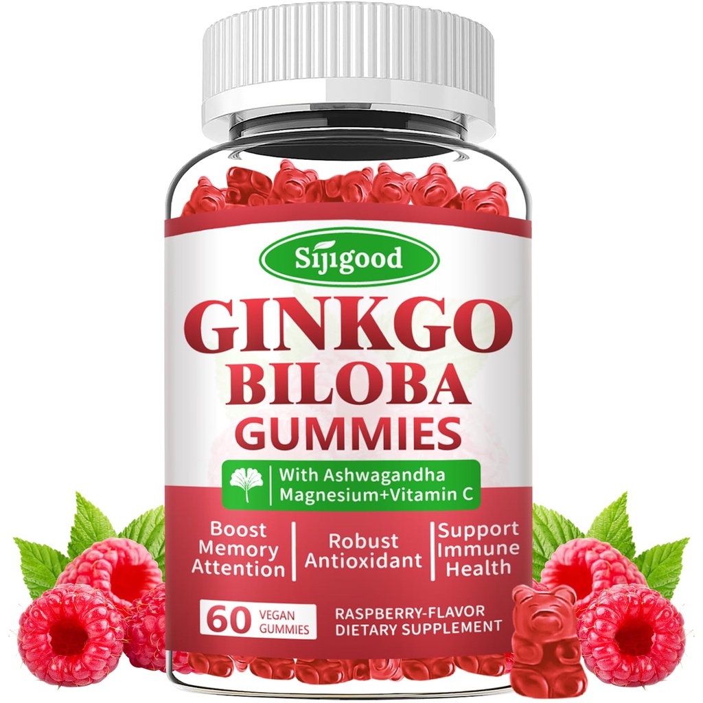 Ginkgo Biloba Gummies με Panax Ginseng και Μαγνήσιο, Ginkgo Biloba Συμπληρώματα για Εστίαση, Μνήμη και Εγκεφαλική Υγεία για Ενήλικες & Παιδιά, Vegan Raspberry Flavor Gummies, 60 Count
