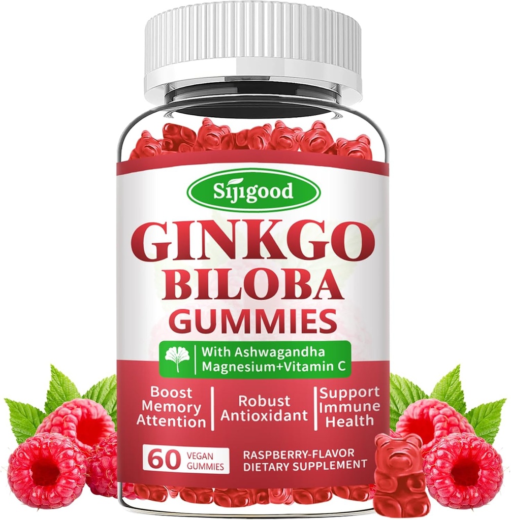 Panax Ginseng ve Magnezyum ile Ginkgo Biloba Gummies, Focus, Memory ve Brain Health for Yetişkinler & Kids, Vegan Raspberry Flavor Gummies, 60 Count