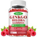Ginkgo Biloba Gummies με Panax Ginseng και Μαγνήσιο, Ginkgo Biloba Συμπληρώματα για Εστίαση, Μνήμη και Εγκεφαλική Υγεία για Ενήλικες & Παιδιά, Vegan Raspberry Flavor Gummies, 60 Count
