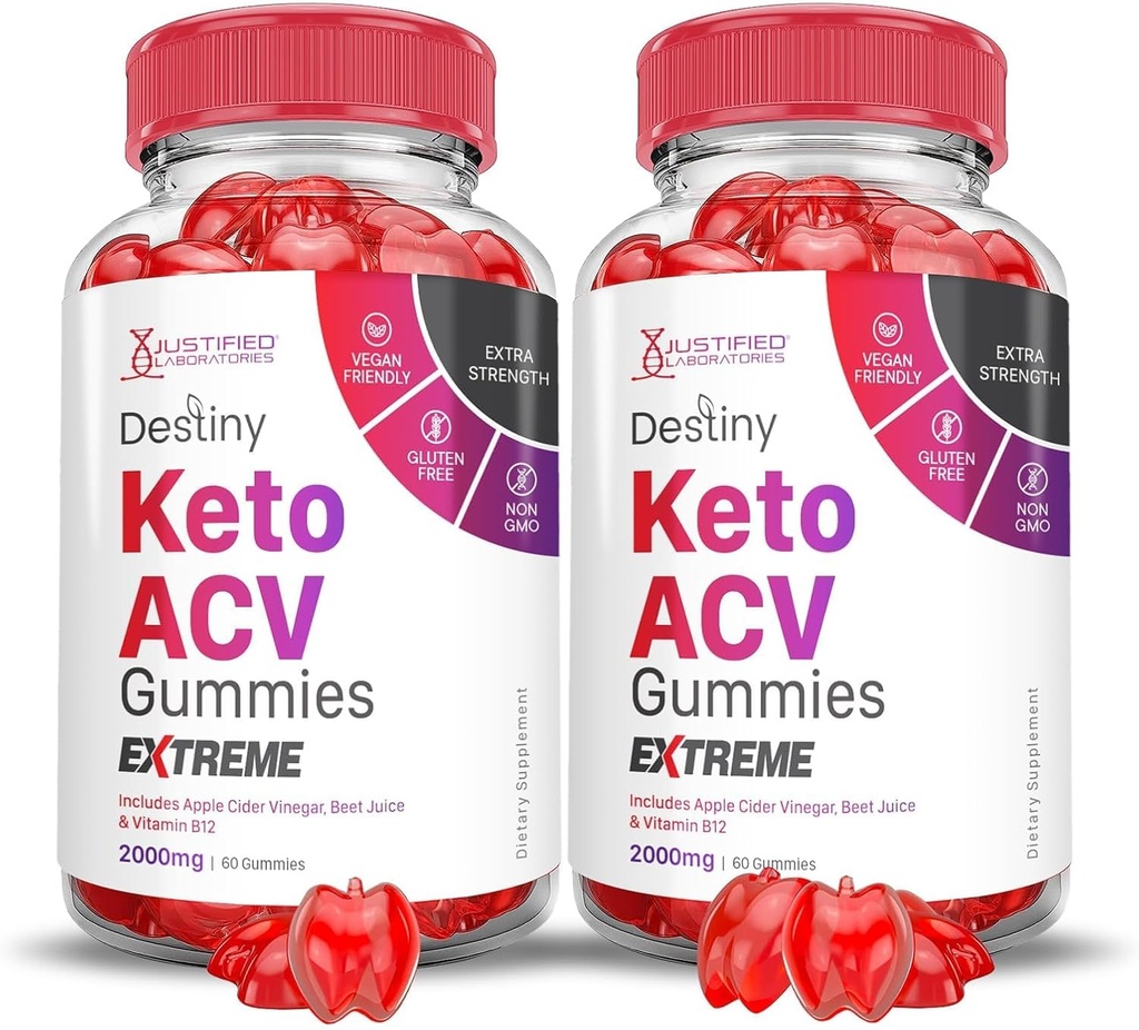 Justified Laboratories (2 Pack Destiny Keto ACV Gummies Extreme 2000MG Destiny Keto Gummies Advanced Formula Apple Cider Vinegar with Pomegranate Beet Buice Powder B12 Vegan Non GMO 120 Gummys