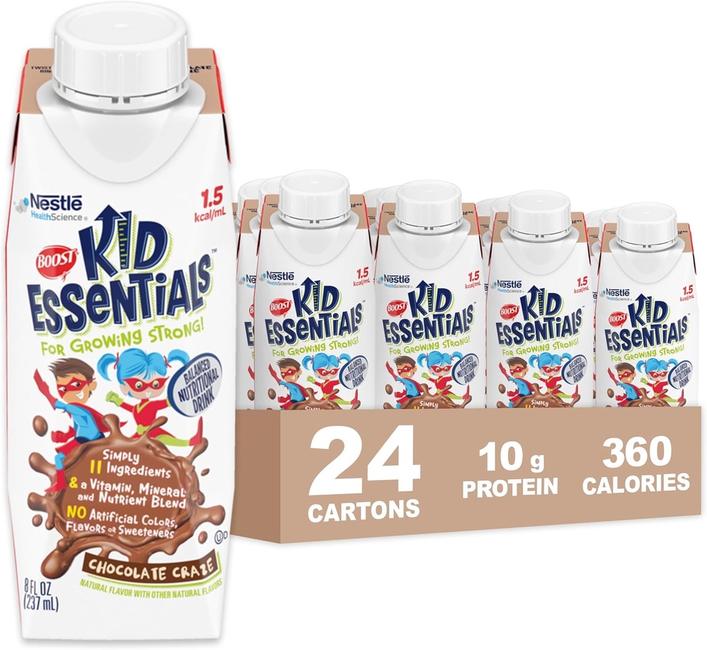 BOOST KID ESSENTIALS (1.5 kcal/mL) Çikolata Craze Beslenme İçme, 10g Protein, C, D, B12, ve çinko, 8 Fl Oz (24 paketi)