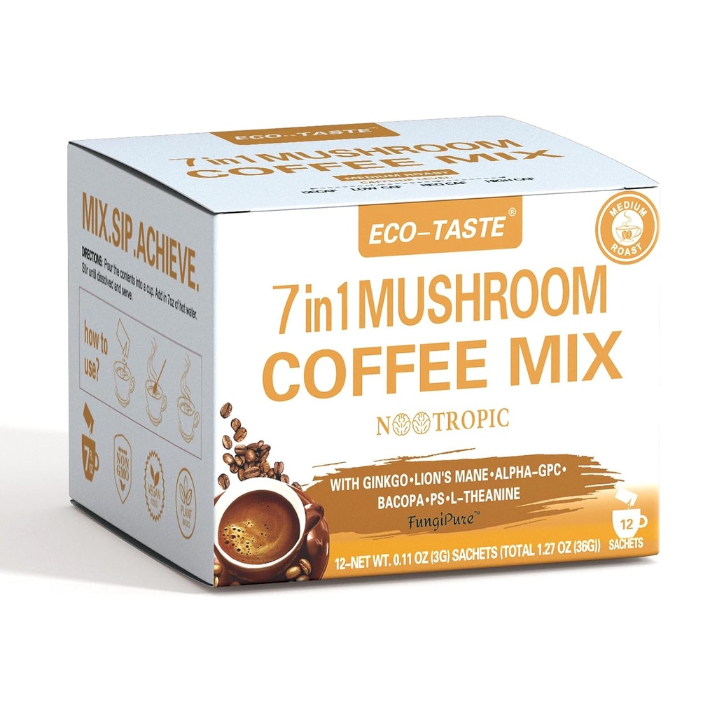 Mushroom Coffee Mix 7 in 1, with Ginkgo, Lions Mane, Alfa-GPC, Bacopa, PS, L-Theanine – 12 Sachets