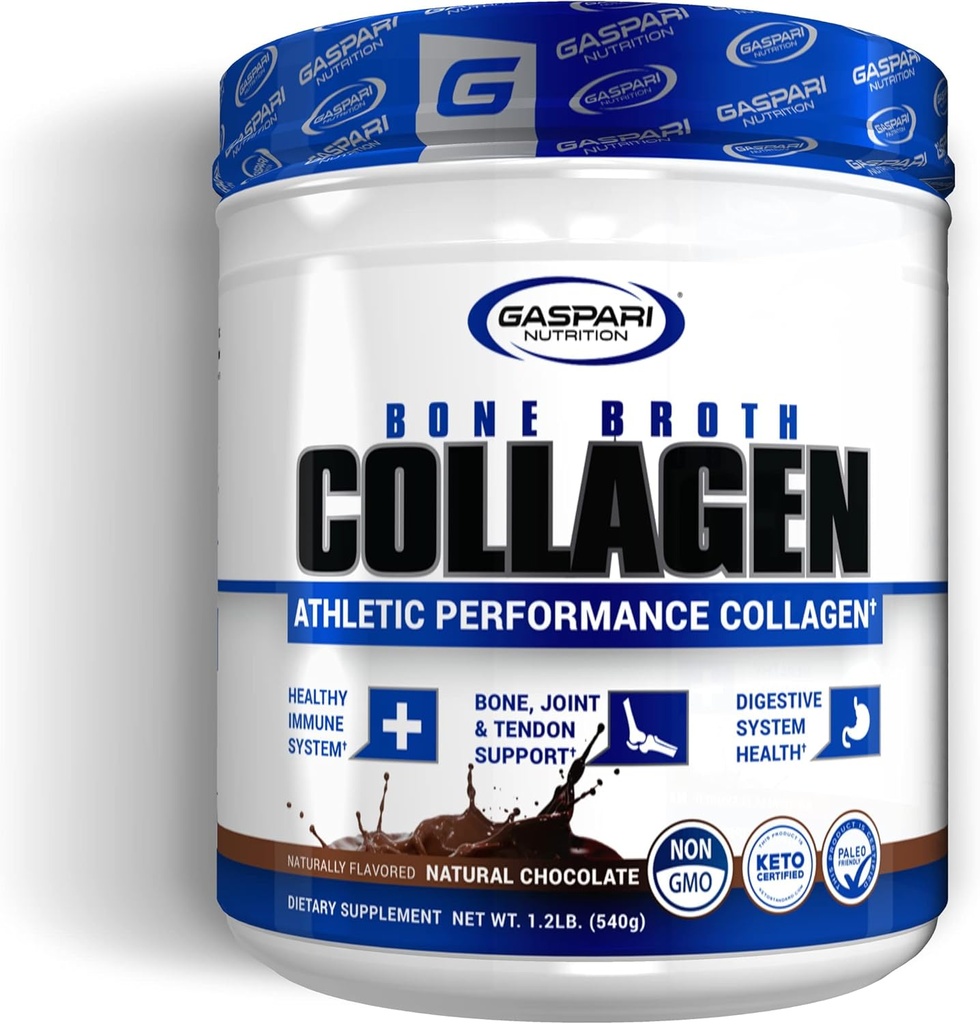 Gaspari Beslenme Bone Broth, Athletic Performance Collagen, 13g protein, Gluten Free, Non-GMO, Keto sertifikalı, Gut ve Ortak Sağlık (30 Hizmet, Doğal Çikolata)