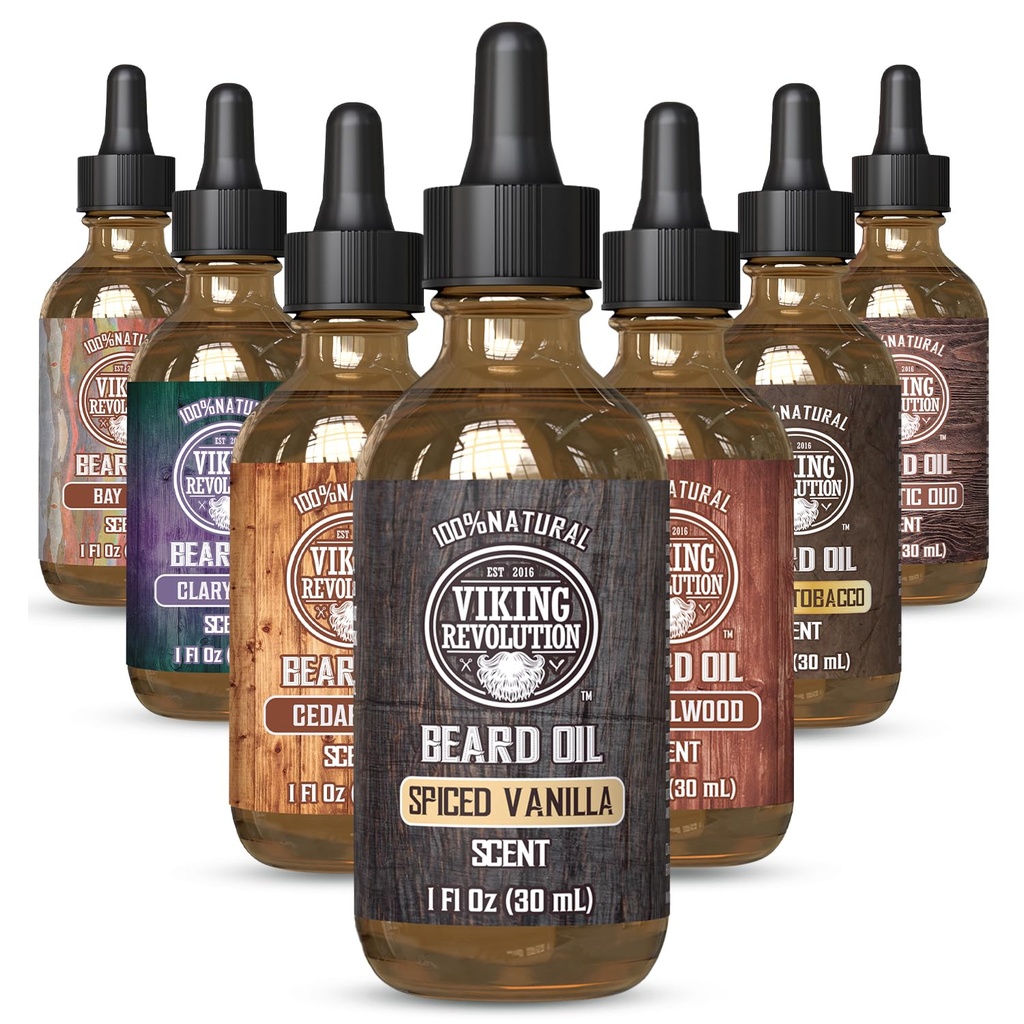 Viking Revolution Spiced Vanilla Beard Oil for Men - Natural Mens Beard Oil with Argan and Jojoba Oil - Beard Softener, Supports and Moisturizes