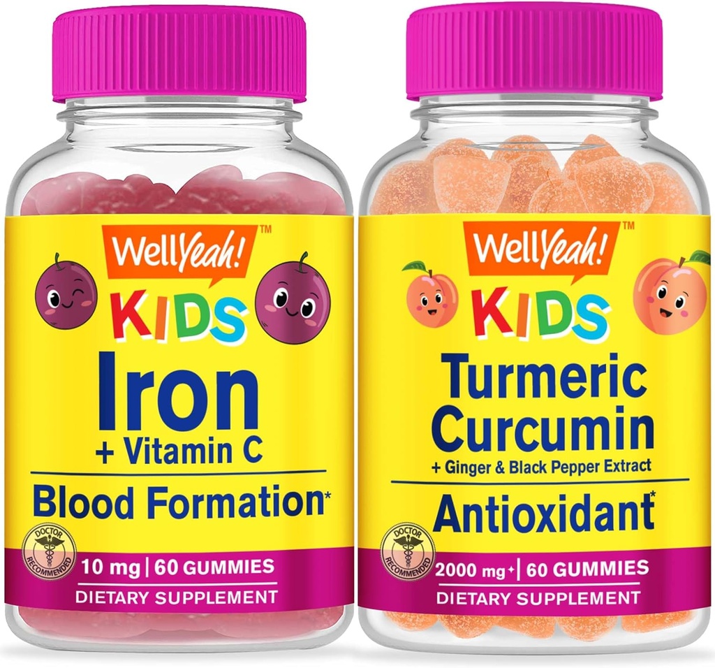 WellYeah Iron + Vitamin C Kids + Turmeric Curcumin Kids, Gummies Bundle - Μεγάλη γεύση, συμπλήρωμα βιταμινών, χωρίς γλουτένη, GMO δωρεάν, Μασώμενα Gummy