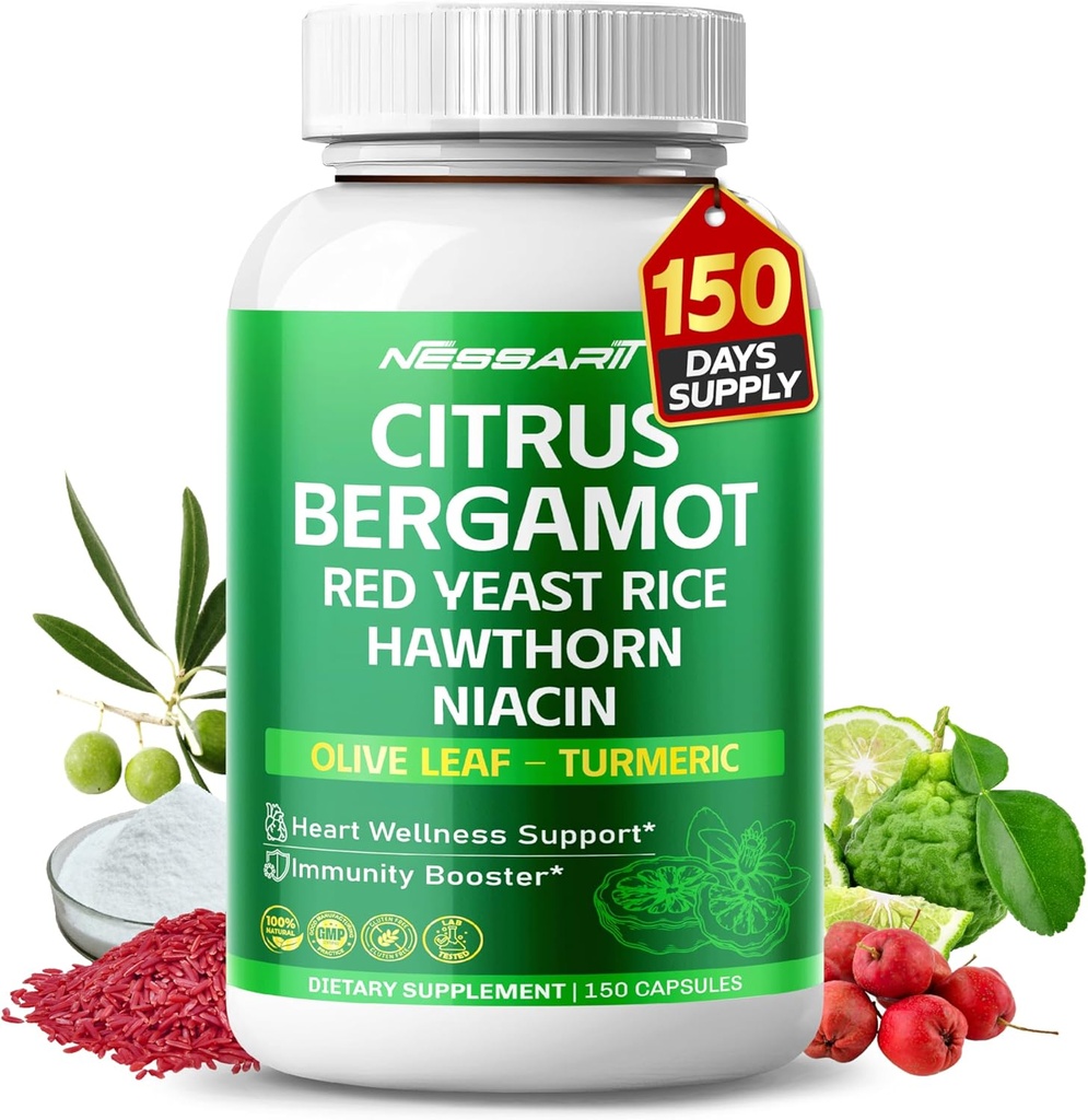 Citrus Bergamot Supplement - 15-in-1 Φυσική ανάμειξη με κόκκινο ρύζι ζύμης Hawthorn Olive Leaf Odorless Σκόρδο Turmeric Ginger Fenugreek - 150 Count - Made & Tested in The USA