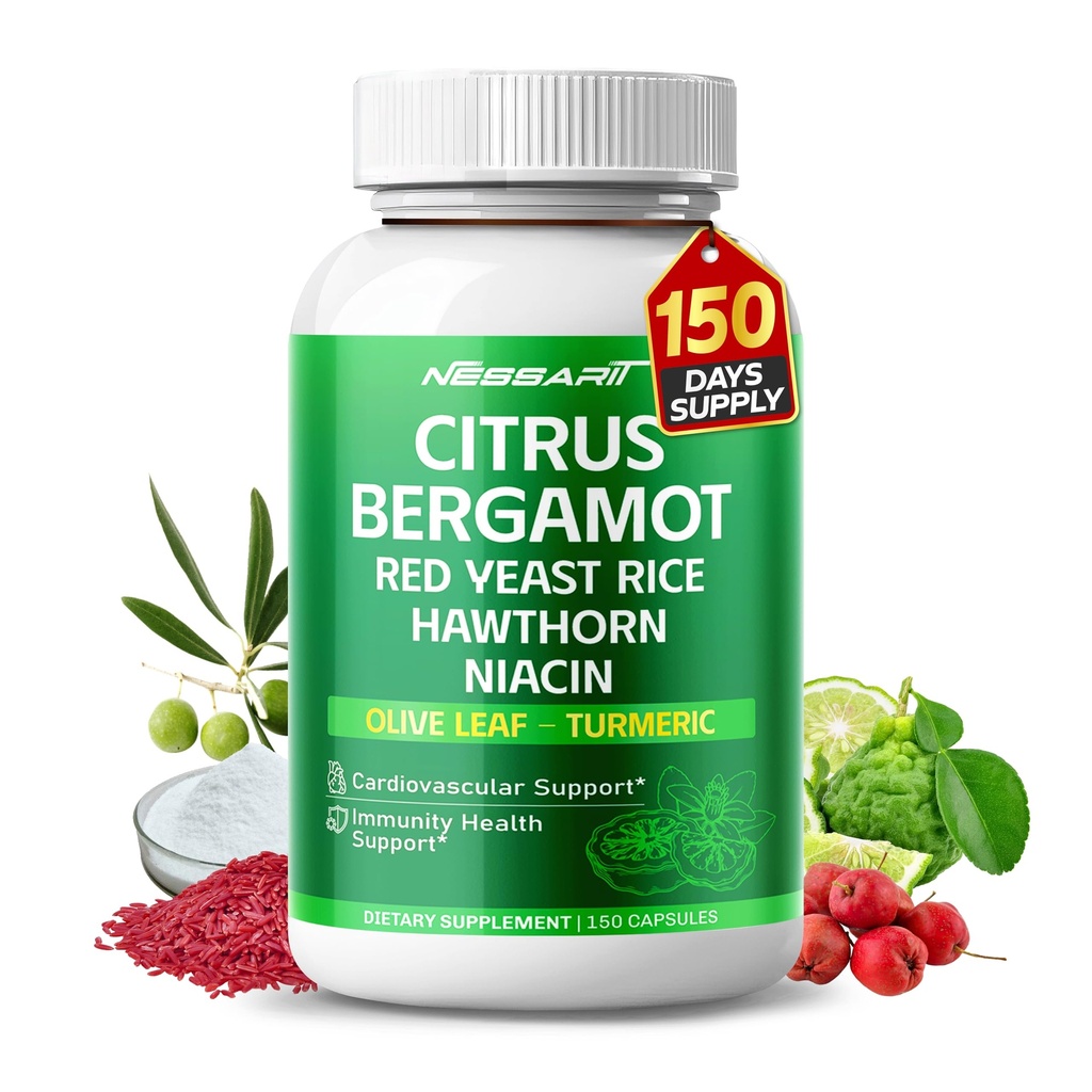 Citrus Bergamot Supplement - 15in-1 Red Yeast Rice Hawthorn Olive Leaf Odorless Tur Turmeric Ginger Fenugreek - 150 Kont - ABD'de Made & Tested