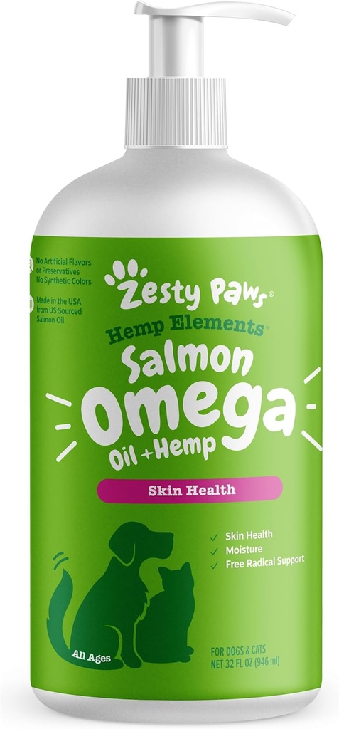 Zesty Paws Salmon Omega Oil Hemp for Dogs and Cats with Wild Alaskan Salmon Oil Omega 3 ve 6 Fatty Asits with EPA DHA for Pets Supports Normal Skin Moisture ve Immune System Function 32oz