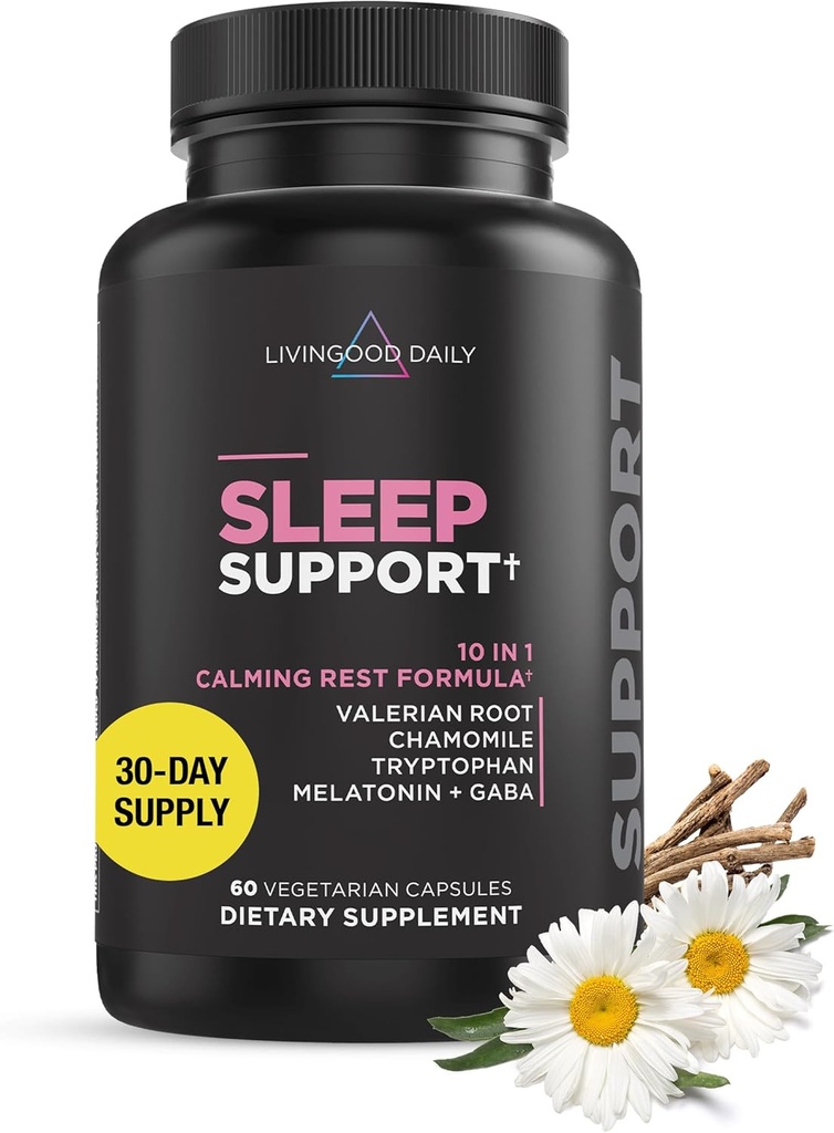 Livingood Daily Sleep Support Supplement, 10in-1 Natural Sleep Aid with 5 MG Melatonin, Valerian Root, Chamomile, Tryptophan & GABA for Men & Women, Non Habit Form, Gluten Free, Vegan, 60 Capsules
