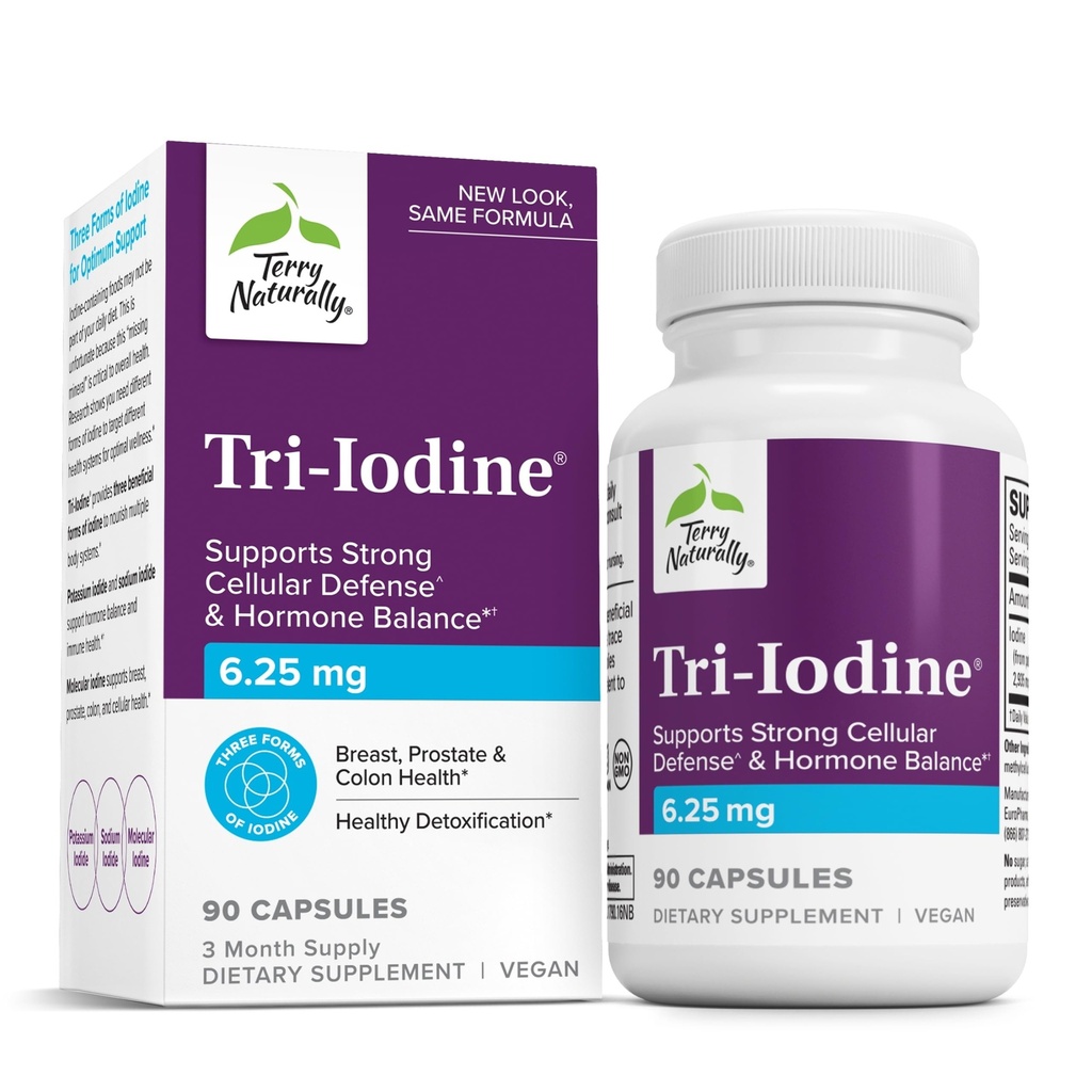 Terry Φυσικά Tri-Ιώδιο - Υποστήριξη Thyroid Υγεία - Βοηθήματα Ορμόνη Ισορροπία με Μοριακό Ιώδιο από Kelp - Χαρακτηριστικά Ιωδιούχο Κάλιο & Ιωδιούχο Νάτριο - Εγκεφαλική & Ενεργειακή Υποστήριξη - 6.25mg, 90 Κάψουλες