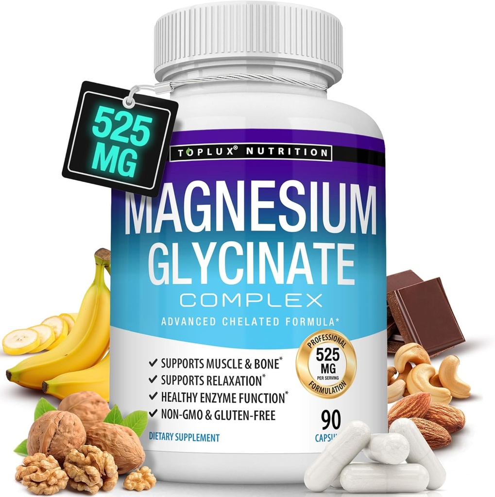 Magnezyum Glycinate 525 mg - Yüksek Abhidrasyon Chelated Supplement Made with Pure Magnezyum Glycinate - Supports Muscles, Sleep, Cramps, Recovery Bisglycinate Kompleksi Vegan Non-GMO 90 Capsules