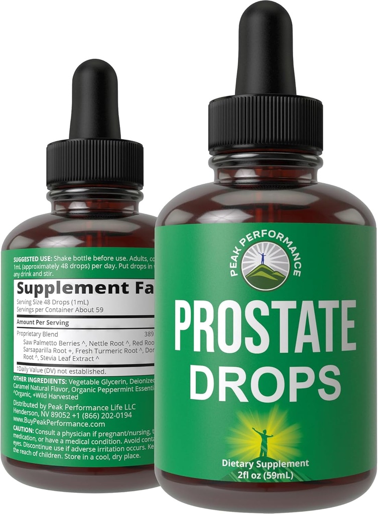 Prostate Support Supplement for Men's Health. Vegan Kosher Prostate Health Liquid Drops with Organic Saw Palmetto, Nettle, Turmeric, Peppermint, Wild Sarsaparilla + Red Roots