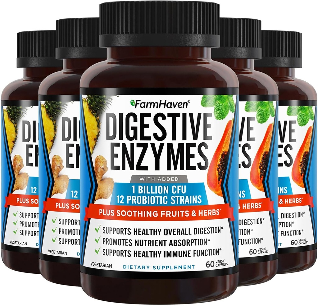 Farm Haven Digestive Enzymes with 18 Probiyotiks & Herbs | Papaya, Bromelain, Protease & More for Lactose Abxia & Better Digestion | Helps Bloating, Gas, Constipation | Vegetarian, 300 Capsules