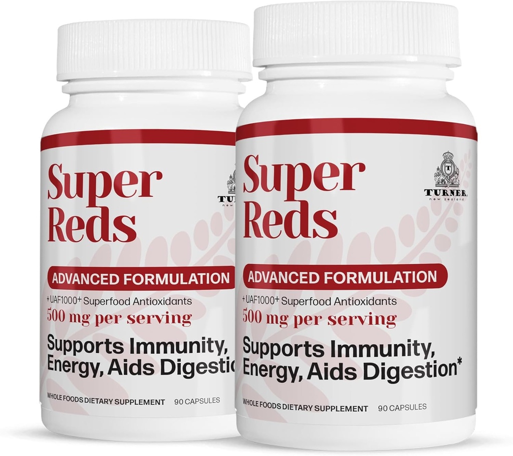 TURNER Super Reds κάψουλες με UAF1000+, Νέα Ζηλανδία Red Superfood Energy, Essential Veggies, Αντιοξειδωτικά, Ένζυμα, Καθαρίστε, 180 κάψουλες, 2 φιάλες