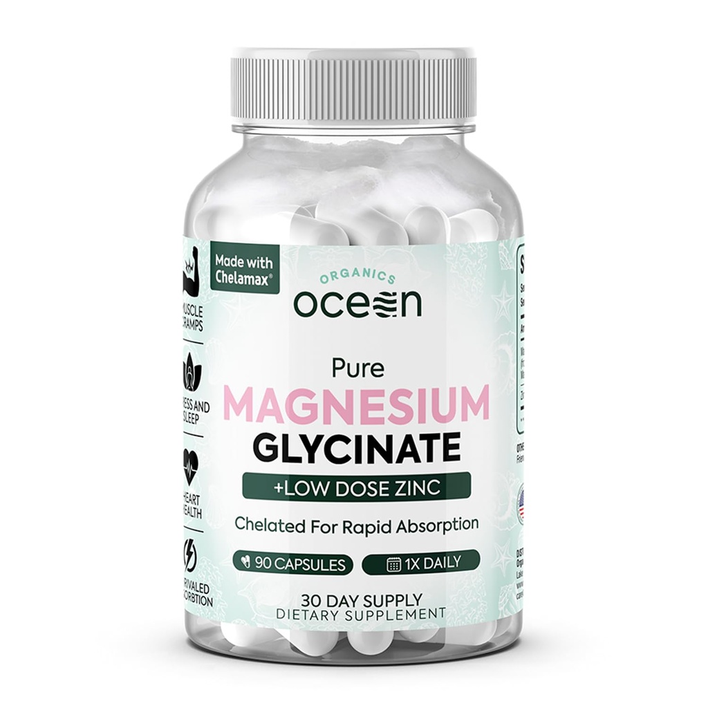 Οργανικά Ocean Pure Magnesium Glycinate with Zinc - Maximum Strength Chelated Magnesium Supplement for Women and Men for Muscle Cramps and Sleep Support - 90 Κάψουλες