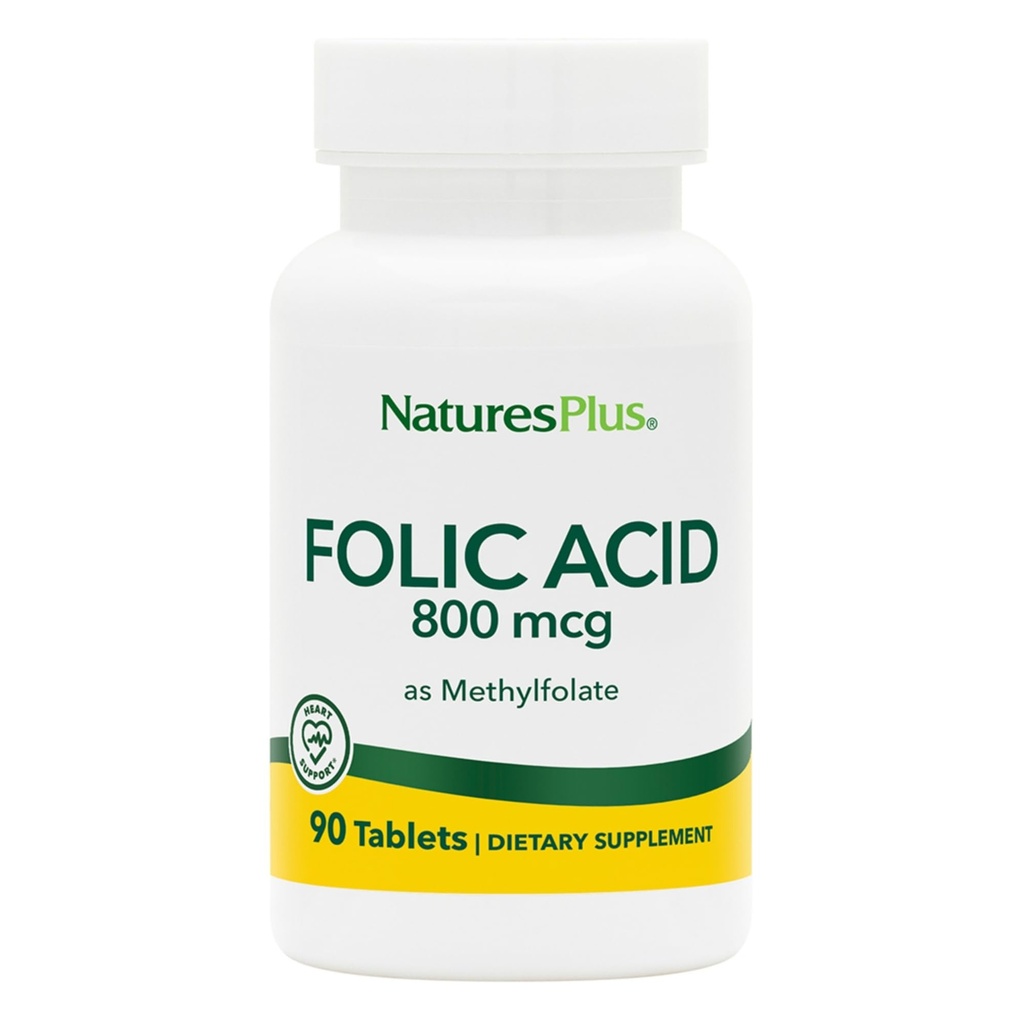 Natures Plus Folic Acid (Methylfolate) - 800 mcg, 90 Vegan Tabletler - Sağlıklı Doku Büyümesini Destekler - Vejetaryen, Gluten-Free - 90 Hizmetler