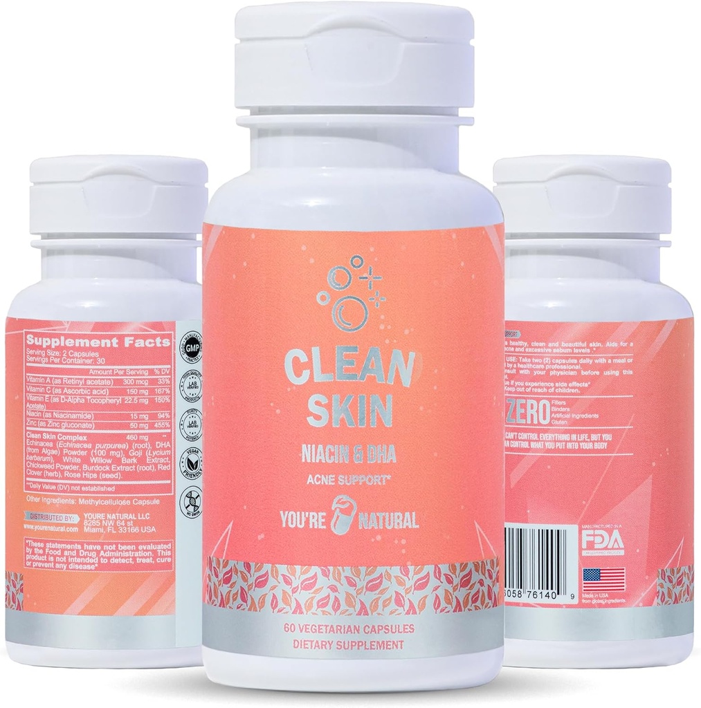 You'RE NATURAL Clean Skin Supplement | Acne Support | Skin Support Vitamins for Women, Men & Young, A, çinko, DHA, Vitamin B3, C, Vitamin E - Gluten Free - ABD'de Yapılan 60 Capsules