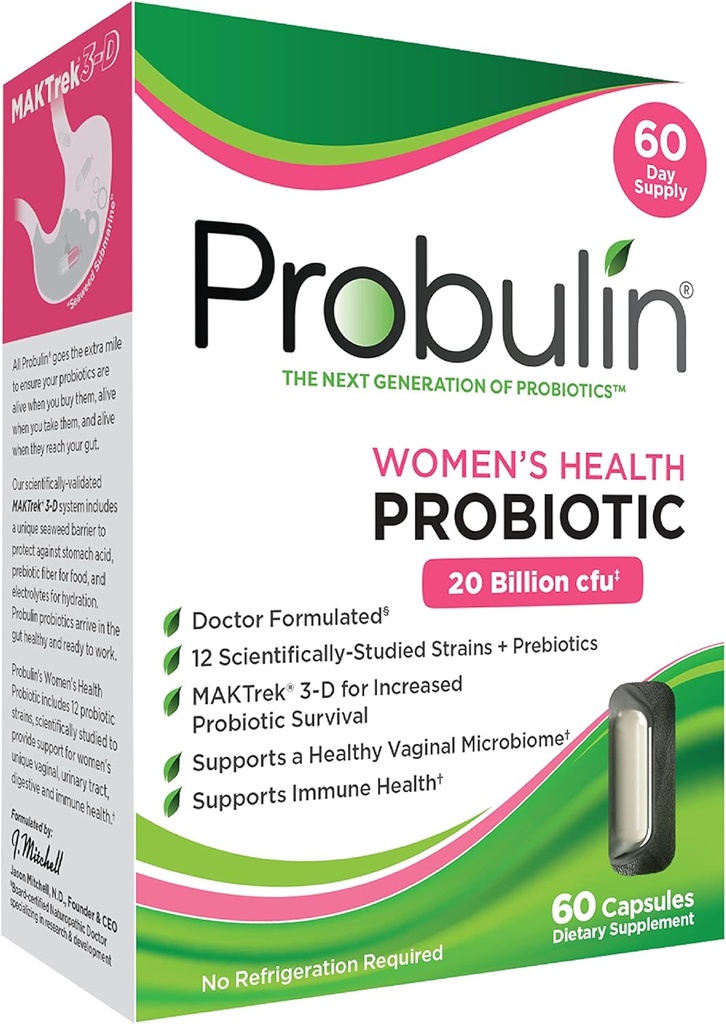 Probulin Women's Health Probiyotik + Prebiyotik for Vaginal, Gut & Immune Health - 20 Milyar CFU - 12 Probiyotik Strains, 60 Vegan Capsules