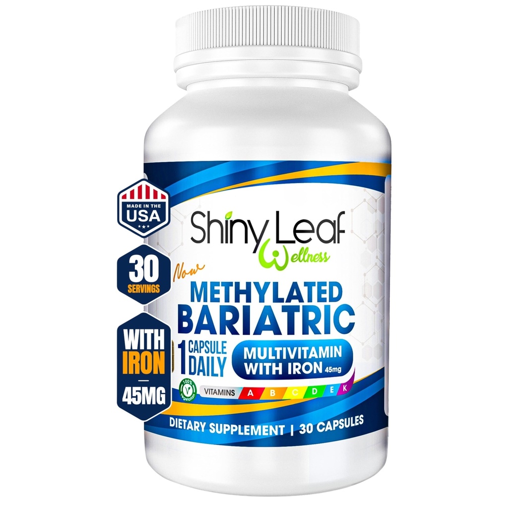 Shiny Leaf Methylated Bariatric Multivitamin with Iron 45mg – Once Daily Capsule, ASMBS Compliant Bariatric Vitamins for Gastric Bypass & Gastric Sleeve, for Men & Women, USA Made, GMP – 30 Caps