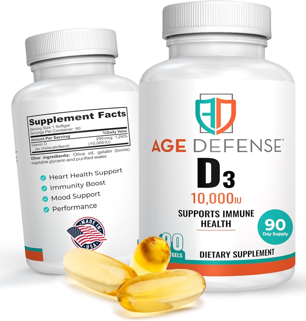 D3 10000 IU - Kalp Sağlığı için 90 Vitamin D 10000 IU Softgels, Immune Support, mental Clarity & Muscle Function Support - High Dose Vitamin D3 Tabletler Erkekler ve Kadınlar için 250 mcg