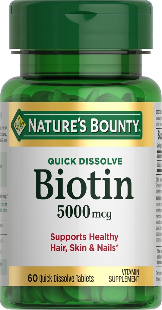 Nature's Bounty Biotin, Hücre Enerji ve Sağlıklı Saçlar için Metabolism, Skin ve Nails, 5000 mcg, 60 Quick Dissolve Tabletleri