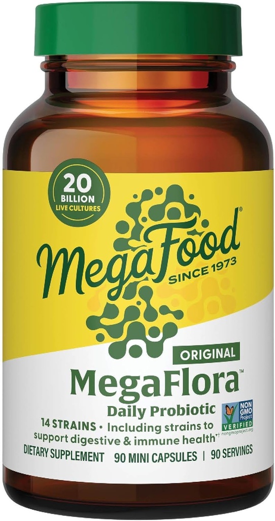 MegaFood MegaFlora Probiyotik - Kadınlar için Probiyotikler - Immune Support Supplement - 20 Milyar CFU - 14 Strains - Non-GMO - Vegetarian - 90 Mini Capsules (90 hizmet)