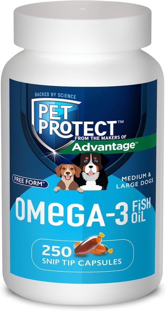 Pet Protect M/L Dog Omega-3 συμπλήρωμα, ιδιόκτητη δωρεάν μορφή Blend, υποστηρίζει μια φυσιολογική φλεγμονή απόκριση, Snip-Tip κάψουλες (250 Count)