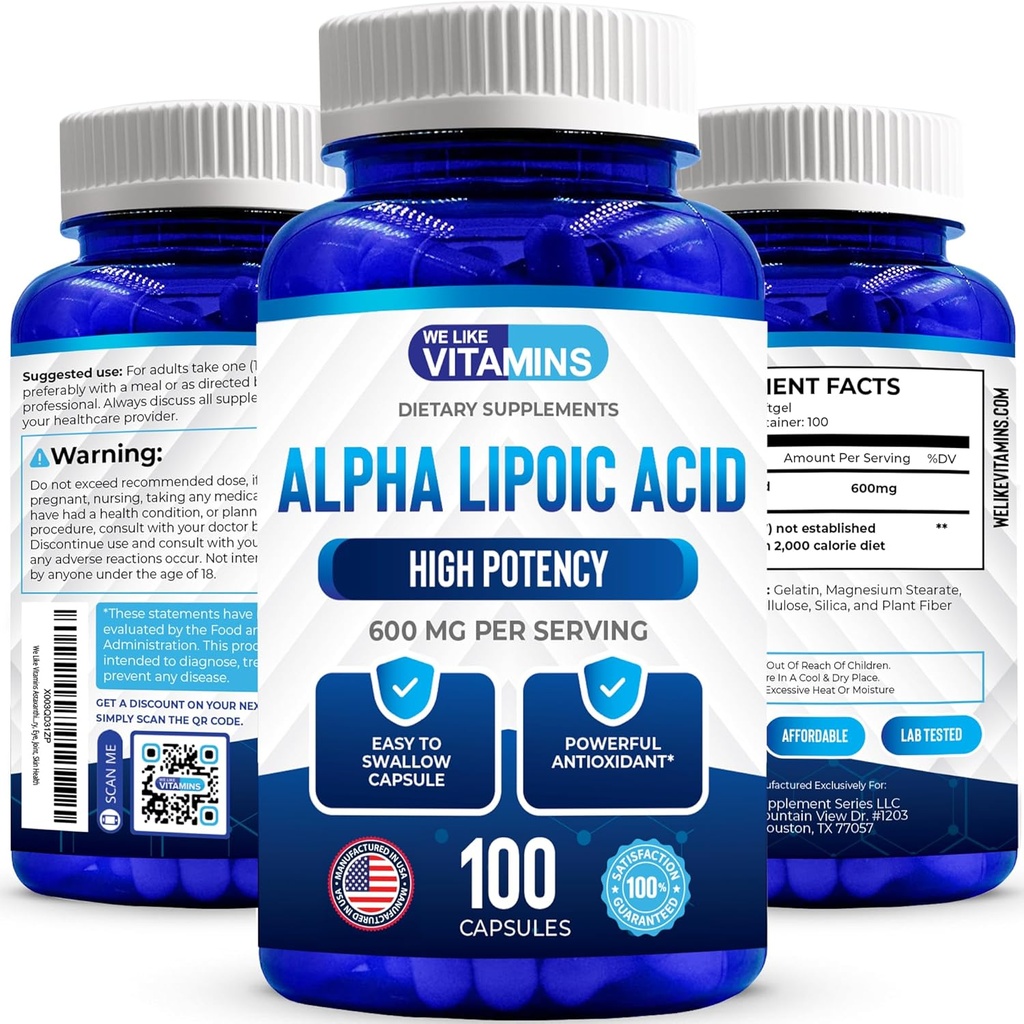 We Like Vitamins Alpha Lipoic Acid 600mg Capsules - 100 Servings - Alpha Lipoic Acid Capsules Helps Support Joint Health and Antioxidant Health Along with Free Radical Protection