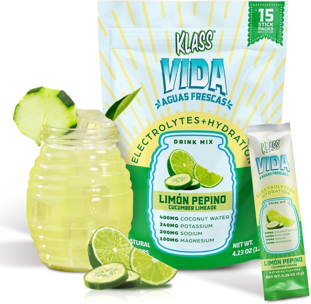 Elektrolyte Drink Mix – Cucumber Limeade Agua Fresca Flavor | Sugar-Free Hydration Toz with Coconut Water & Minerals | 15 Single-Serve Stick Packs, Low Calorie, Natural Flavor