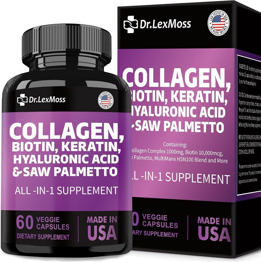 Collagen Pills Biotin Keratin Saw Palmetto Hyaluronic Asit, Vitaminler ve FB, Erkekler ve Kadınlar Saç Ciltleri ve Çiçeği Için E Folic Acid Seed MSM, 60 Capsules