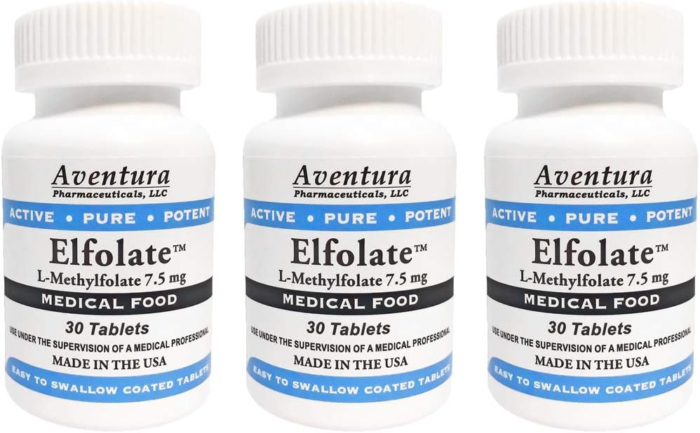 ELFOLATE® 7.5 mg 3 Pack L-Methylfolate Methylfolate Methylfolate Methylfolate Medical Food Supplement Professional Strength Active Pure Potent 30 Tablets