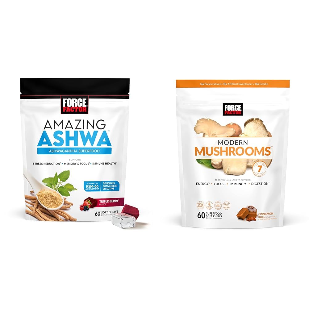 Force Factor Ashwagandha & Mushroom Supplements Bundle with KSM-66 Ashwagandha, 7 Μανιτάρια, 60 Μαλακά Μάσα κάθε ένα