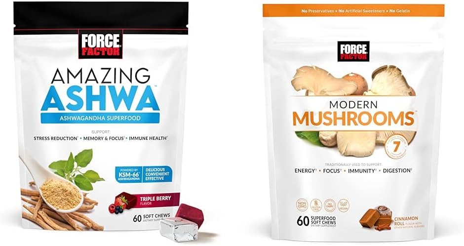 Force Factor Ashwagandha & Mushroom Supplements Sche with KSM-66 Ashwagandha, 7 Mushrooms, 60 Soft Chews Every