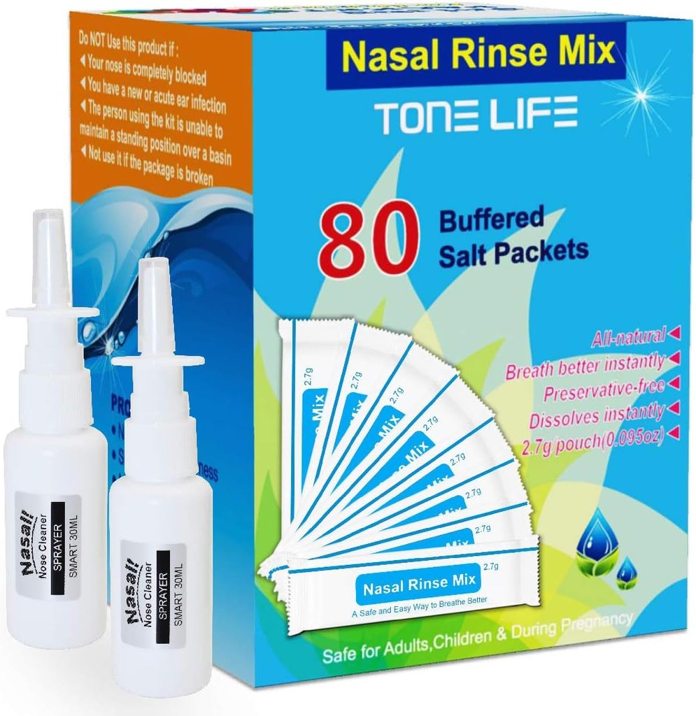 TONELIFE 80 Kont Saline Nasal Care Refills +2 Nasal Mixer - Nasal Salt 2.7g Her Pouch | Refill Kit | 80 Buffered Salt Packets | for 300 ml 500 ml Sinus Rinse Kit-Nose