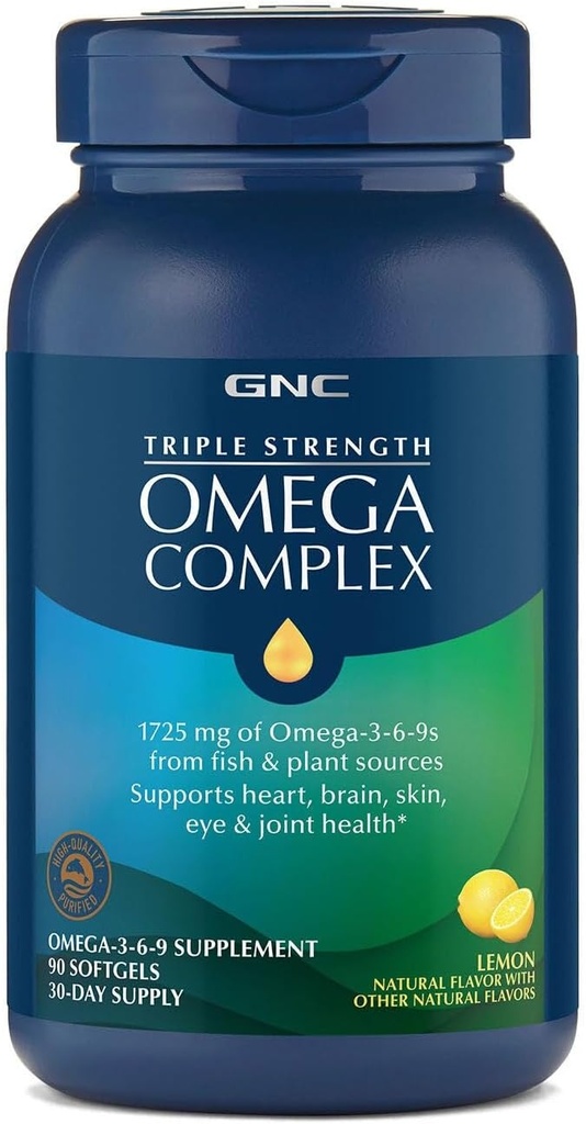 GNC Triple Strength Omega Omega 3, 6, 9 Supplement, 1725 mg, Lemon Flavor, Supports Heart, Brain, Skin, Eye ve Ortak Sağlık, 90 Softgels