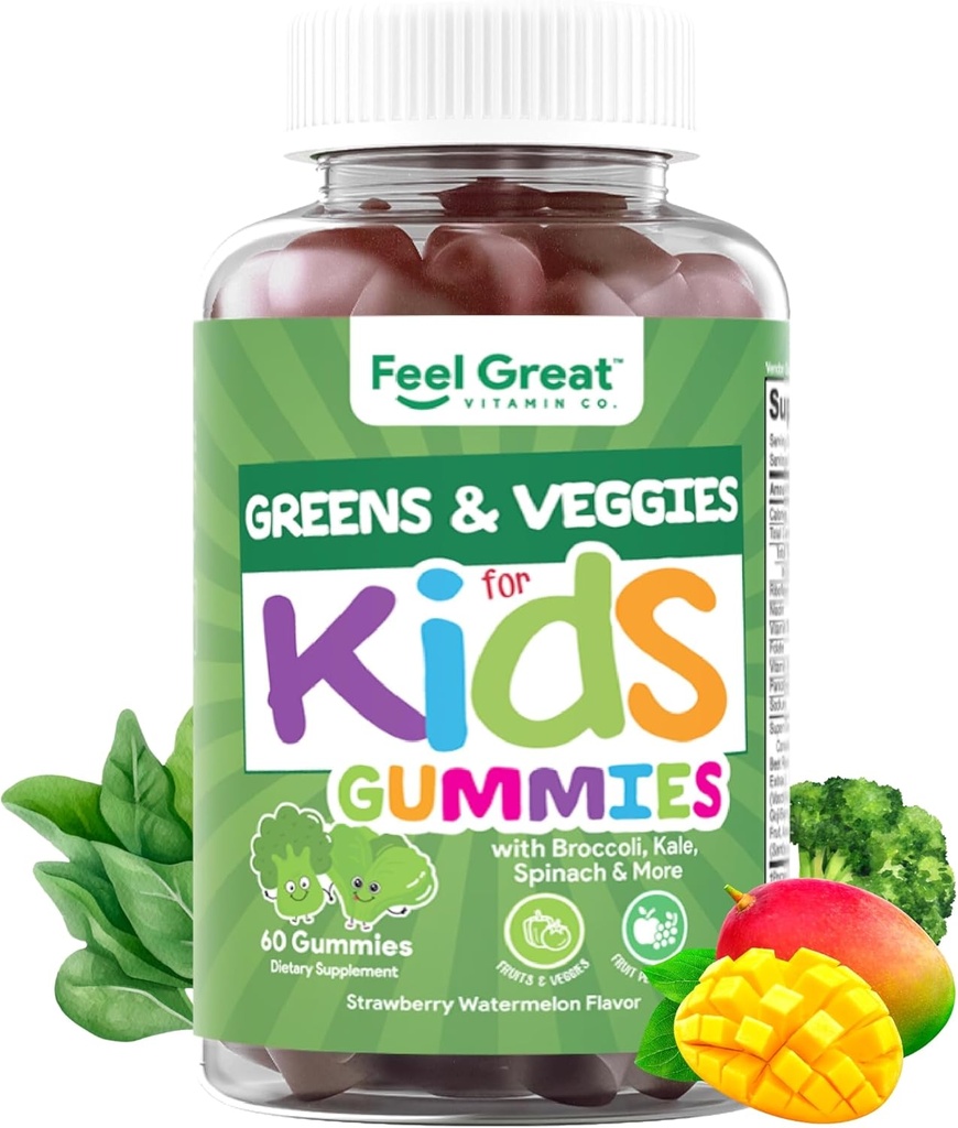 Çocuklar için Büyük Süper Yeşil Gummies Hissediyor | Meyve ve Sebze Gummies | Vegan Veggie Gummy Multivitamin for Kids | Veggie Fiber Supplement | 60 Count