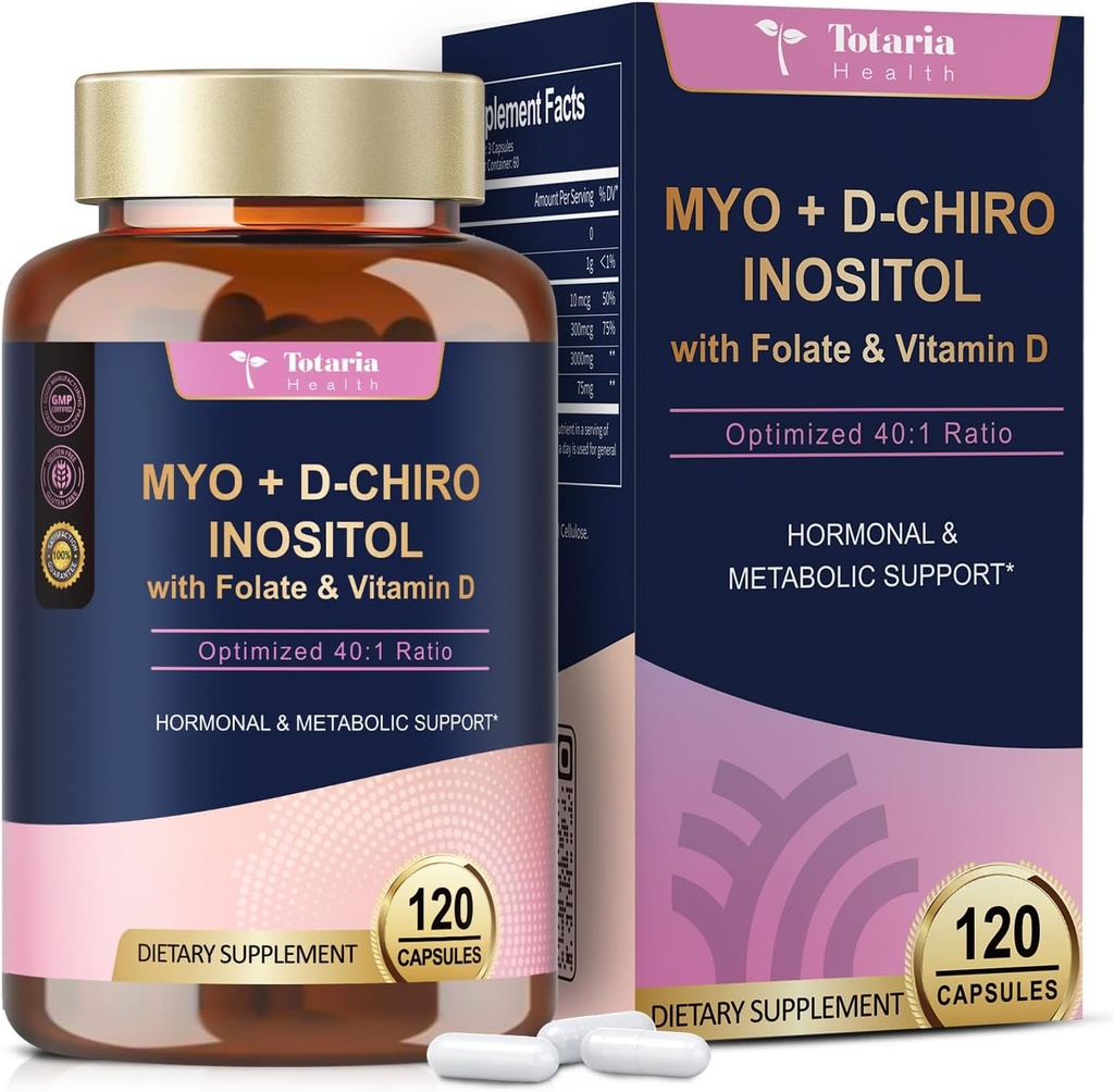 Totaria Myo-Inositol & D-Chiro Inositol Supplement Capules 3075 mg, Plus Multivitamin Vitamin D3, Folate, Ideal 40:1 - Kadınlar ve Ovarian * Destek | Vegan, GMO - 120 Caps
