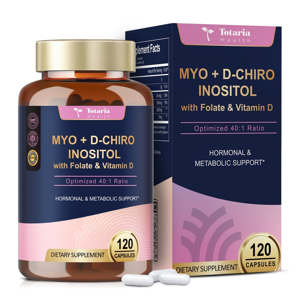 Totaria Myo-Inositol & D-Chiro Inositol Supplement Capules 3075 mg, Plus Multivitamin Vitamin D3, Folate, Ideal 40:1 - Kadınlar ve Ovarian * Destek | Vegan, GMO - 120 Caps