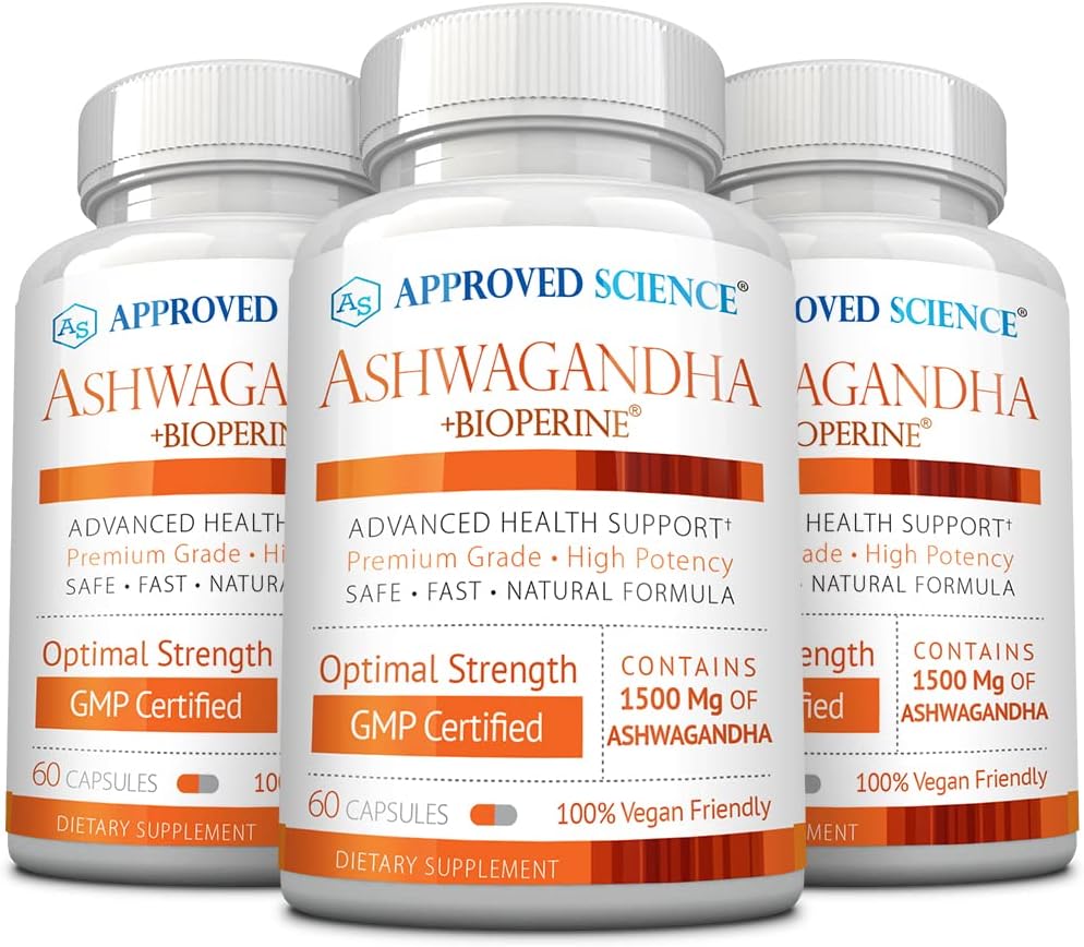 Bilim Ashwagandha 1500 mg ile Bioperine® ve Ginger- Boost Mood & Energy - 60 Vegan Dostu Capsules (3 Şişe)