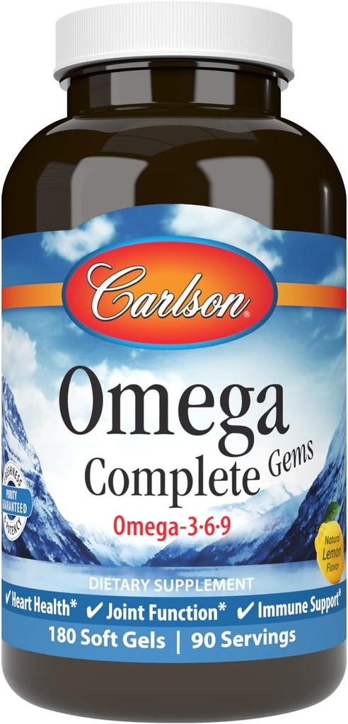 Carlson - Omega Complete Gems, Omega-3-6-9, Wild Caught, Sustainable Sourced, Heart Health, Joint Function & Immune Support, 180 Softgels