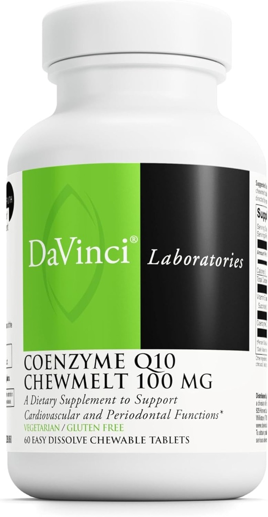 DAVINCI Labs Συνένζυμο Q10 Cheumelt 100mg - Υποστηρίζει το συκώτι, τον εγκέφαλο, την καρδιά Υγεία & Περισσότερα με βιταμίνη E & CoQ10* - 60 Μασώμενα δισκία