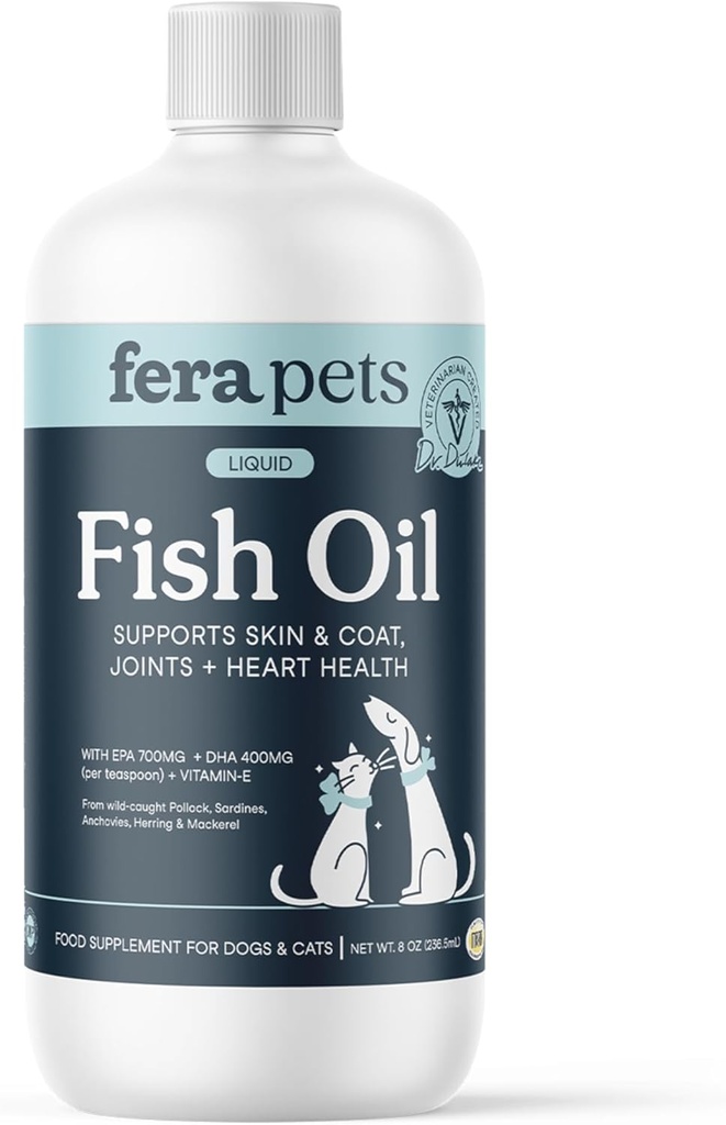 Fera Pets Fish Oil - Omega 3 for Dogs & Cats to Support Joints, Heart, Skin and Coat Health - Non GMO with Vitamin E - 8 ozz